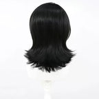 Back view of the Mukuro Ikusaba black wig showing a smooth crown and outward-curving layers at the nape