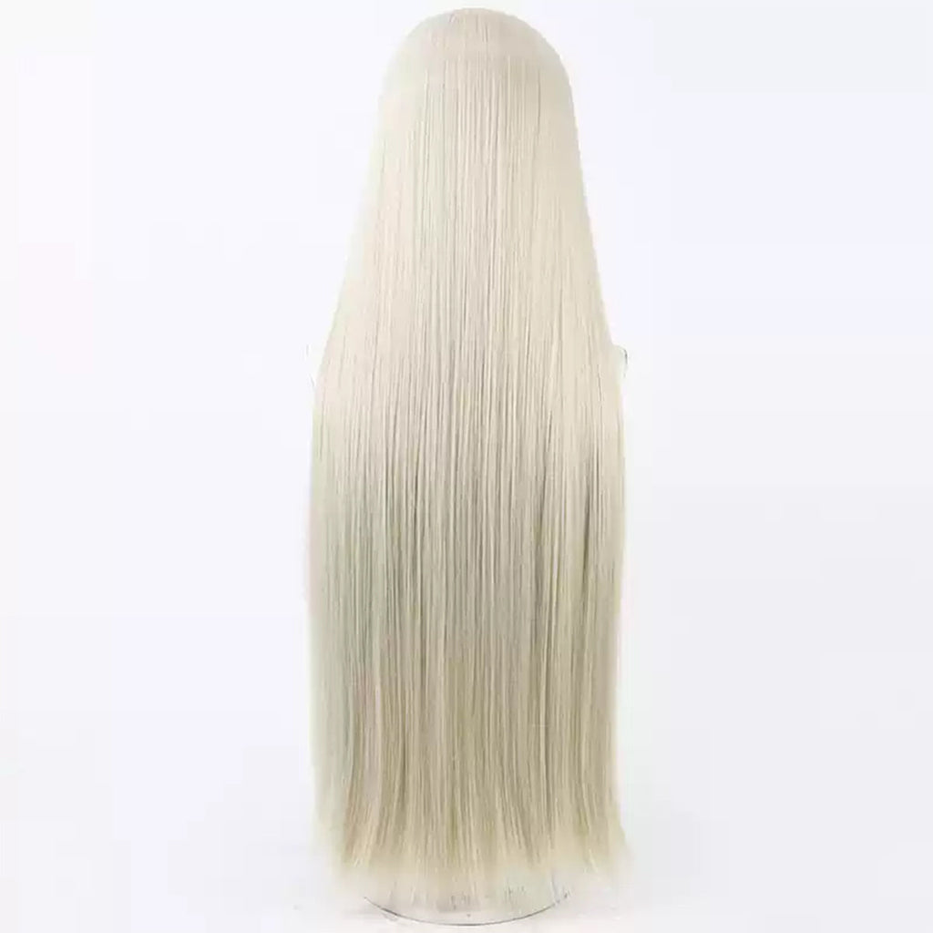 Back view of the August long pale blonde cosplay wig showing straight lengths and tapered ends