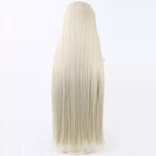 Back view of the August long pale blonde cosplay wig showing straight lengths and tapered ends