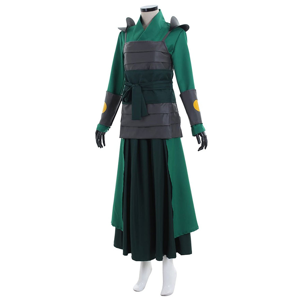 Three-quarter view of the Suki green costume showing the shoulder guards, tied sash and layered skirt