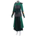 Three-quarter view of the Suki green costume showing the shoulder guards, tied sash and layered skirt