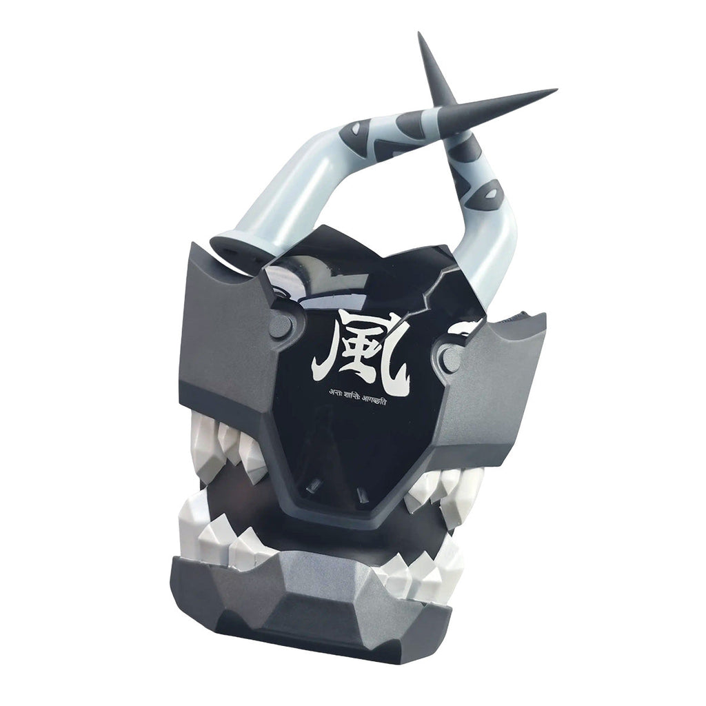 Soukaku mask shown tilted with the pale blue horns angled inward above the dark faceplate and white teeth