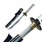 Jin Sakai short blade cosplay prop and scabbard with a close-up of the guard and white handle wrap