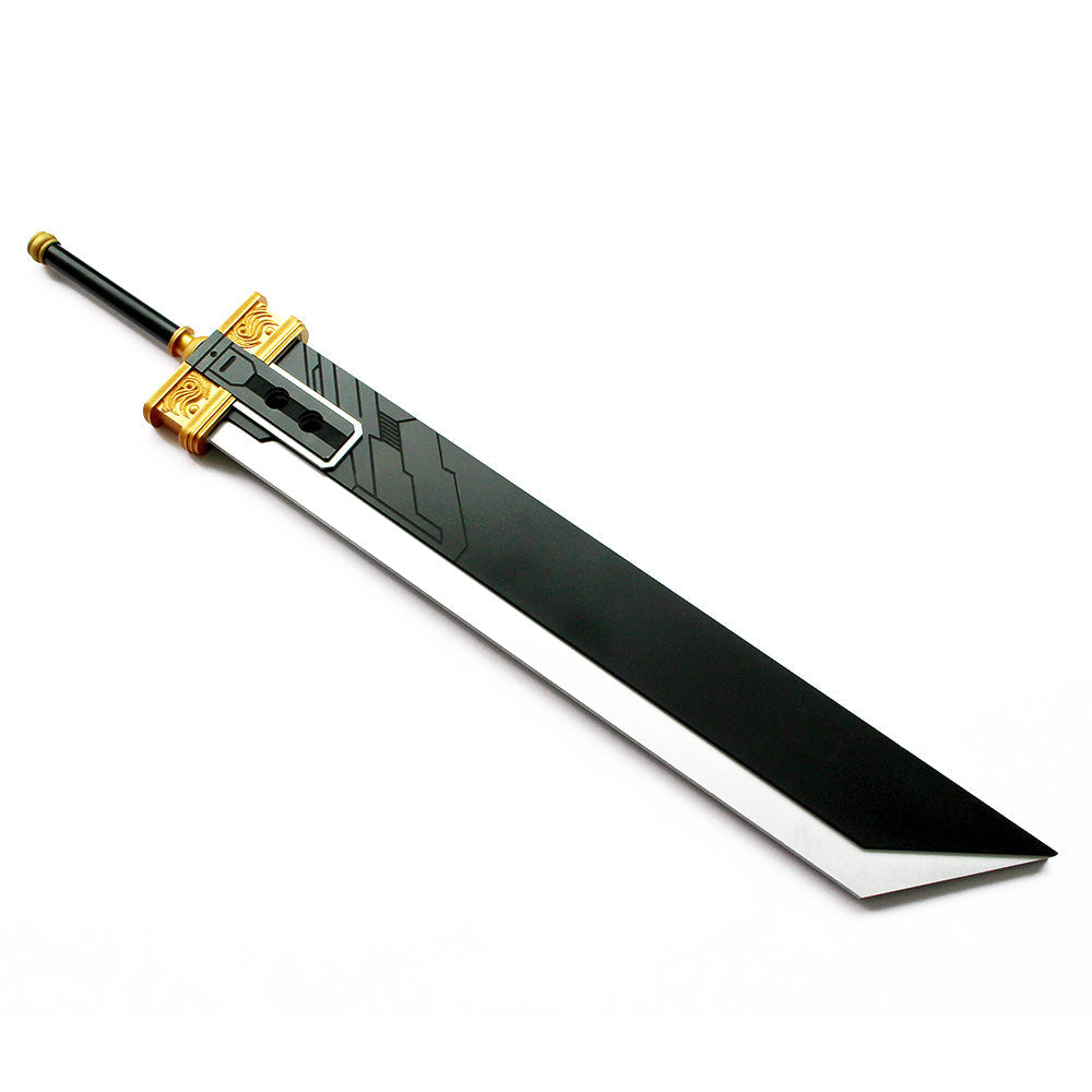 Final Fantasy VII sword prop displayed diagonally with an angular tip and wide silver-colored blade edge