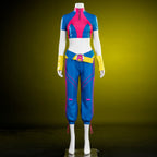 Jubilee cosplay outfit without the coat, showing the pink and blue crop top, blue trousers and yellow wrist cuffs