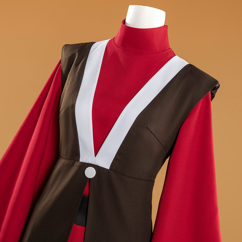 Close-up of the Mai red stand collar and white V-shaped trim on the dark outer layer