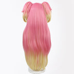 Back view of the Inukai Komugi long pink wig fading to pale yellow ends beneath two raised ponytails