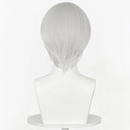 Back view of the Zero Kiryu silver-white wig showing short layers and pointed ends at the nape