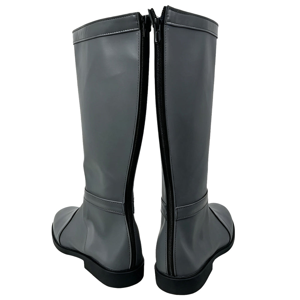 Rear view of the Aang tall gray boots showing full-length black zippers and low black heels