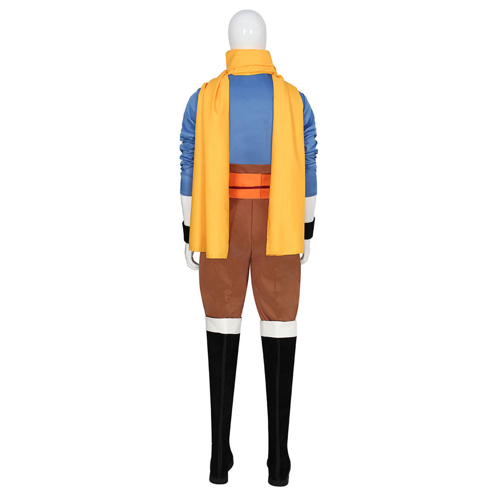 Back view of the Yuru costume showing two long yellow scarf tails over the blue top, orange sash and brown trousers