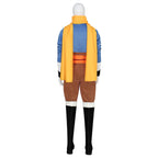 Back view of the Yuru costume showing two long yellow scarf tails over the blue top, orange sash and brown trousers