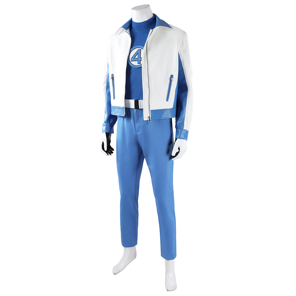Three-quarter view of the Mister Fantastic costume showing blue-edged jacket pockets and a white belt