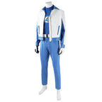 Three-quarter view of the Mister Fantastic costume showing blue-edged jacket pockets and a white belt