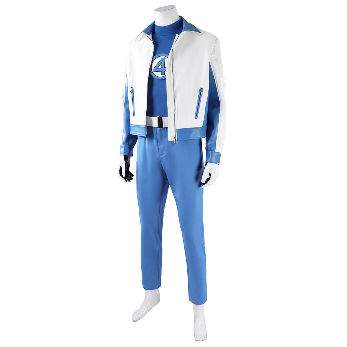 Three-quarter view of the Mister Fantastic costume showing blue-edged jacket pockets and a white belt