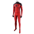 Three-quarter front view of Scarlet Spider II jumpsuit showing the black shoulder panels and printed red torso