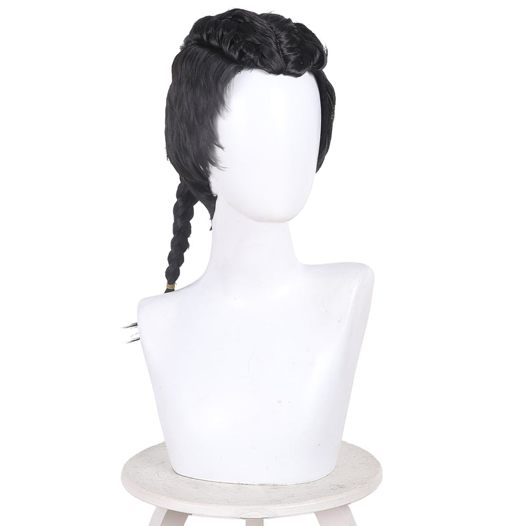 Opposite angled front view of the Miles Morales braided wig showing the center part and loose side hair