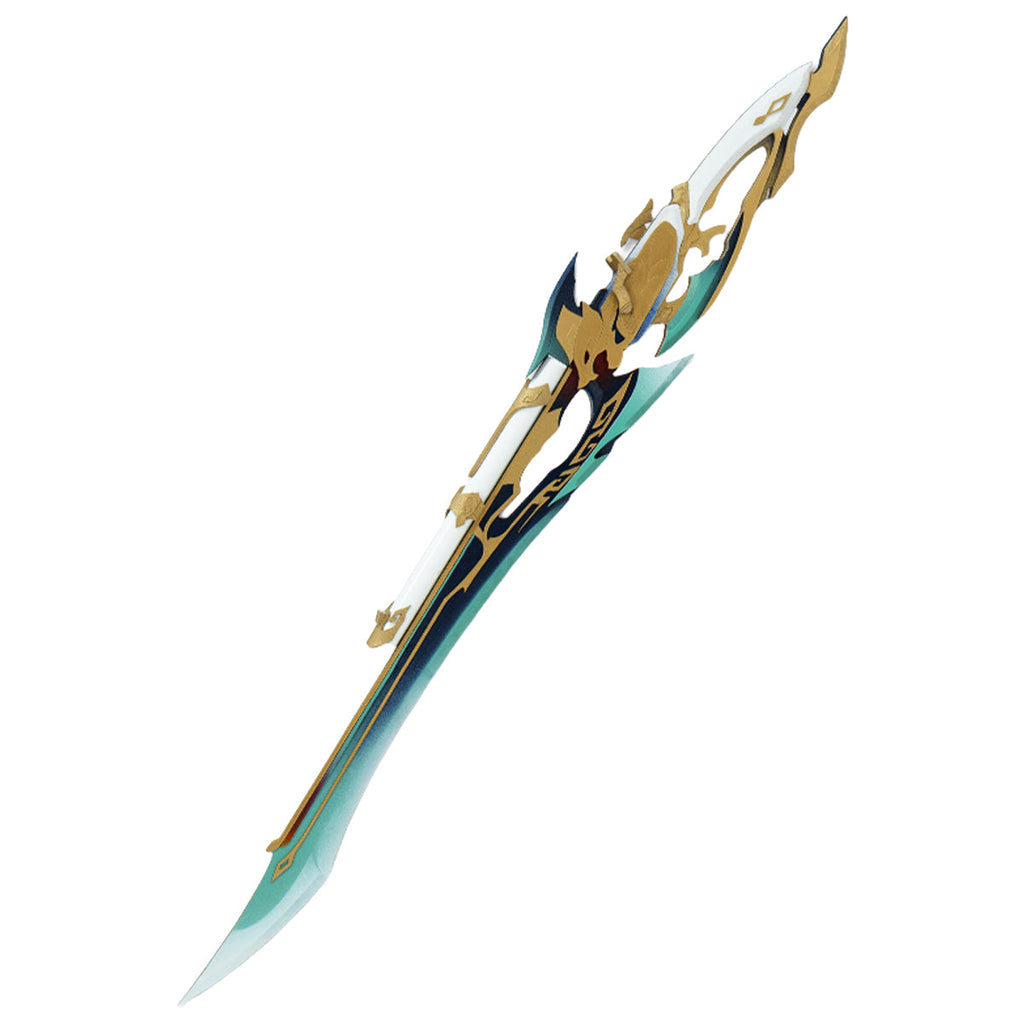 Single Fei Xiao blade-shaped cosplay prop with a green edge and gold-colored ornamental details