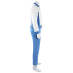 Side view of the Mister Fantastic costume showing the white jacket sleeve, blue cuff and blue trousers