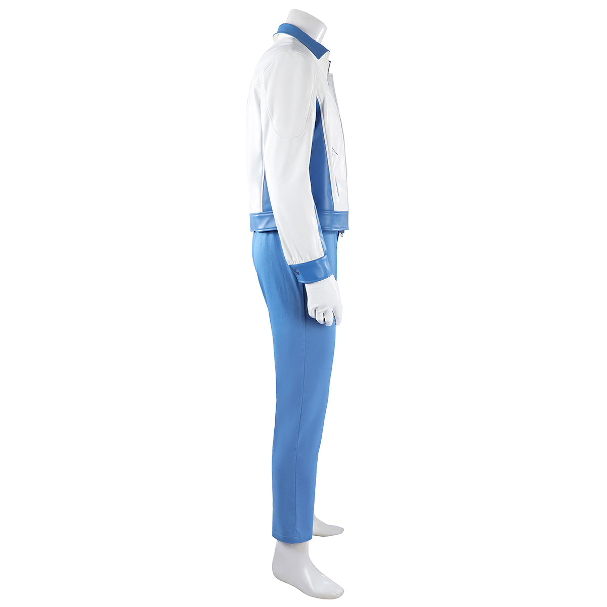 Side view of the Mister Fantastic costume showing the white jacket sleeve, blue cuff and blue trousers
