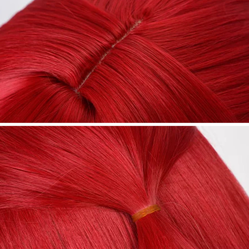 Himeko Nova red wig detail collage showing the crown part and tied half-up section