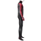 Side view of the Miles Morales cosplay suit showing the red outer-arm stripe and black leg panels