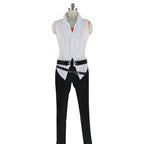 Front view of the Eizen white sleeveless shirt with pointed tails, waist belts and black trousers