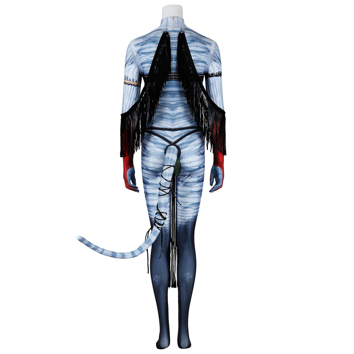 Back view of the Varang costume showing the center zipper, hanging black fringe and cord-wrapped striped tail