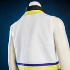 Rear close-up of Riku white vest showing the yellow collar, horizontal seam and purple and yellow hem trim