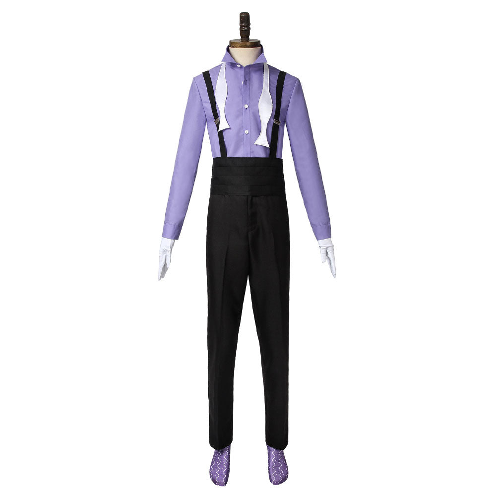 Floyd Leech outfit without the jacket, showing a purple shirt, black suspenders, cummerbund and untied white bow tie