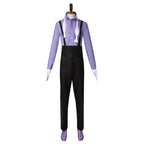 Floyd Leech outfit without the jacket, showing a purple shirt, black suspenders, cummerbund and untied white bow tie