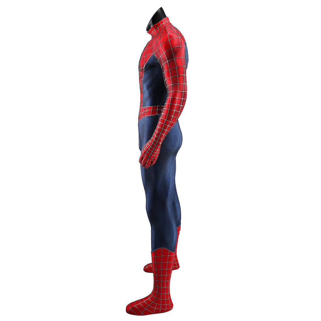 Side view of the 2002 Spider-Man costume showing red web-patterned arms and navy torso panels