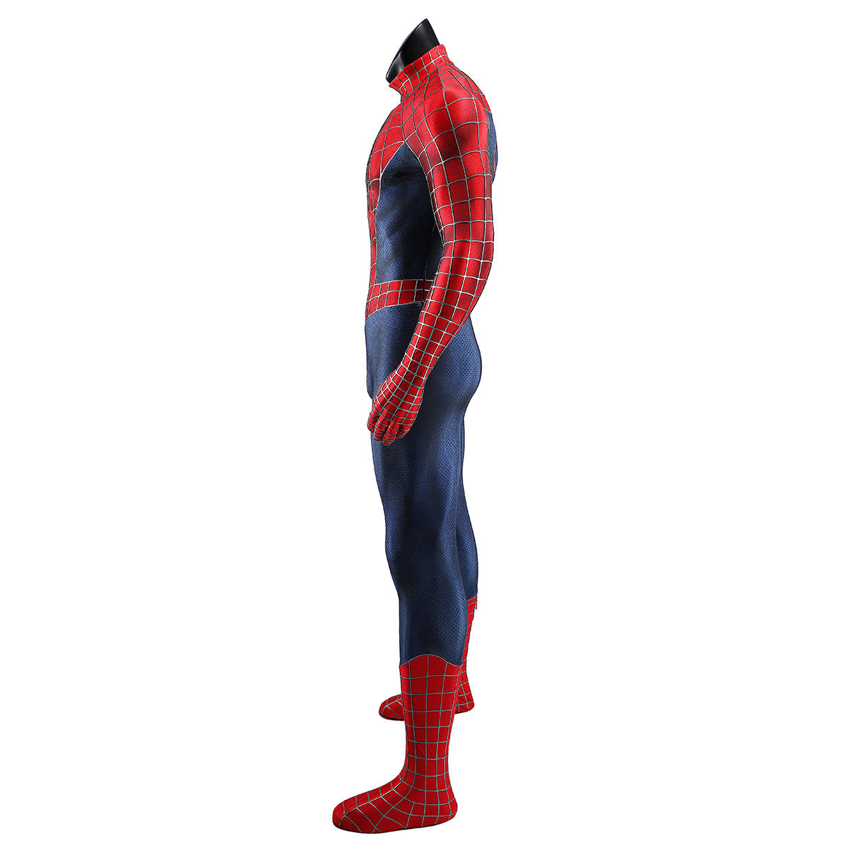 Side view of the 2002 Spider-Man costume showing red web-patterned arms and navy torso panels