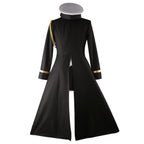 Back view of the Enterprise black coat showing the fitted waist and long split tails beneath a white peaked cap