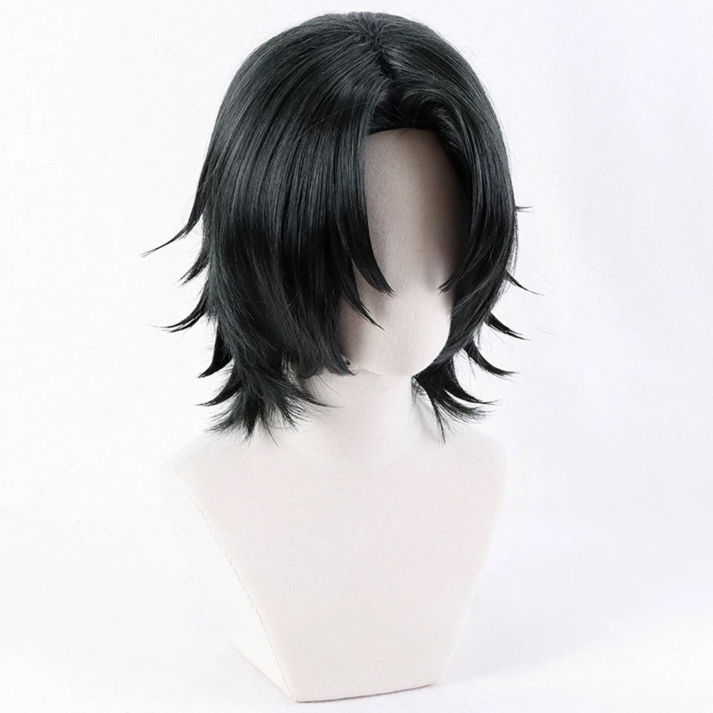 Opposite angled view of Genichi Sojo wig showing long parted bangs and flipped black strands at the nape