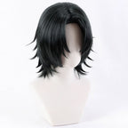 Opposite angled view of Genichi Sojo wig showing long parted bangs and flipped black strands at the nape