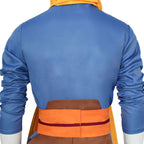 Close-up of the Yuru costume back showing gathered blue sleeves and the orange sash with a burgundy line and center closure