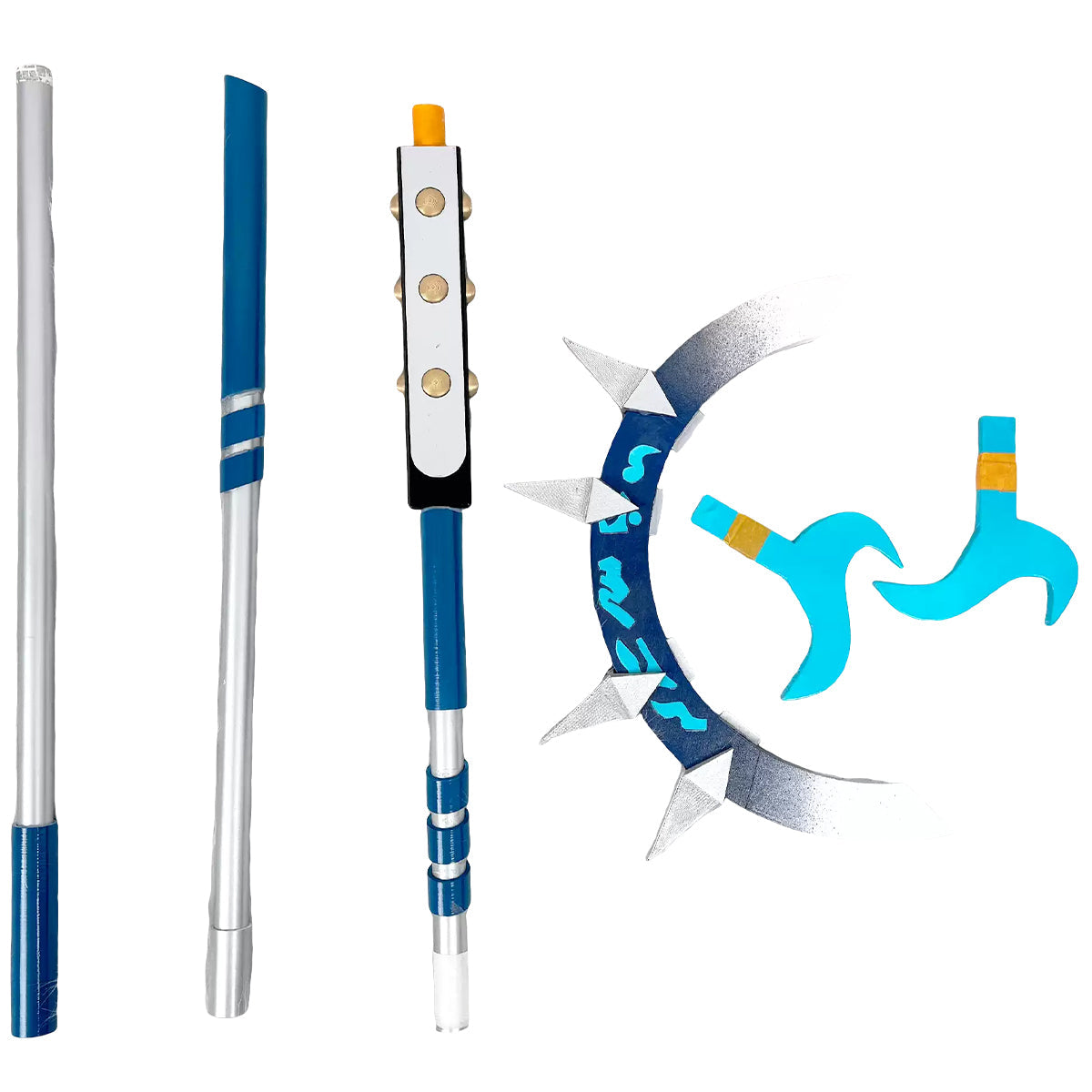 Zanka fork cosplay prop components laid out separately, showing shaft sections, curved head and turquoise end pieces