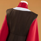 Mai costume upper-back detail showing the red collar zipper and white trim above the dark outer layer