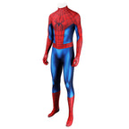 Three-quarter front view of the Spider-Man: Brand New Day bodysuit with a black chest spider and blue side panels