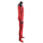 Side view of Scarlet Spider II cosplay jumpsuit showing the red sleeve, black fingers and foot covering