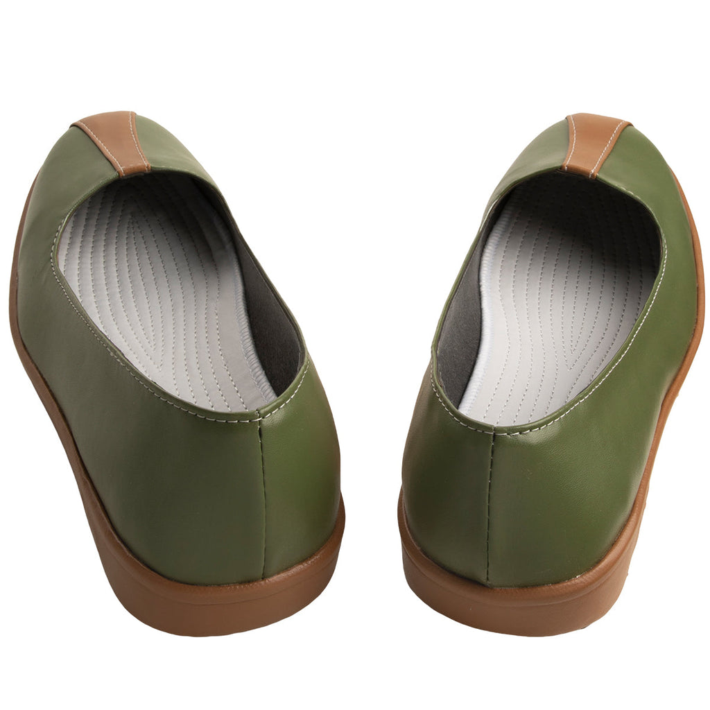 Rear view of the Iroh green cosplay shoes showing the heel seams and light-colored stitched insoles