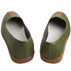 Rear view of the Iroh green cosplay shoes showing the heel seams and light-colored stitched insoles