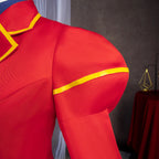Close-up of the Grace Auvergne red puffed shoulder with a narrow yellow trim band