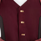 Falco burgundy vest detail showing three gold-colored rectangular accents down the front