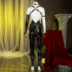 Back view of the Evelyn Chevalier outfit without the coat, showing the open-back top, crossed straps and long black glove