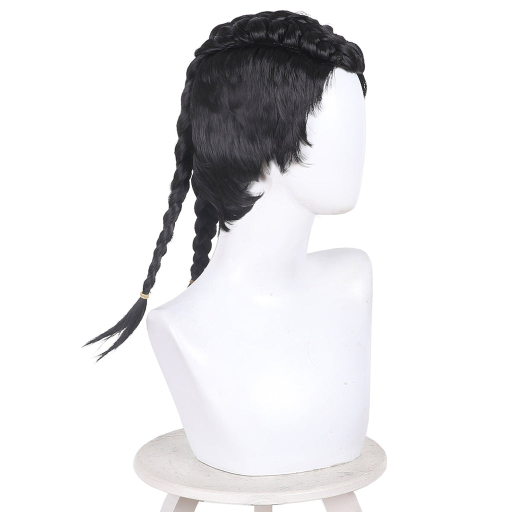 Side view of the Prowler Miles Morales black wig showing two long rear braids with gold-colored ties