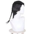 Side view of the Prowler Miles Morales black wig showing two long rear braids with gold-colored ties