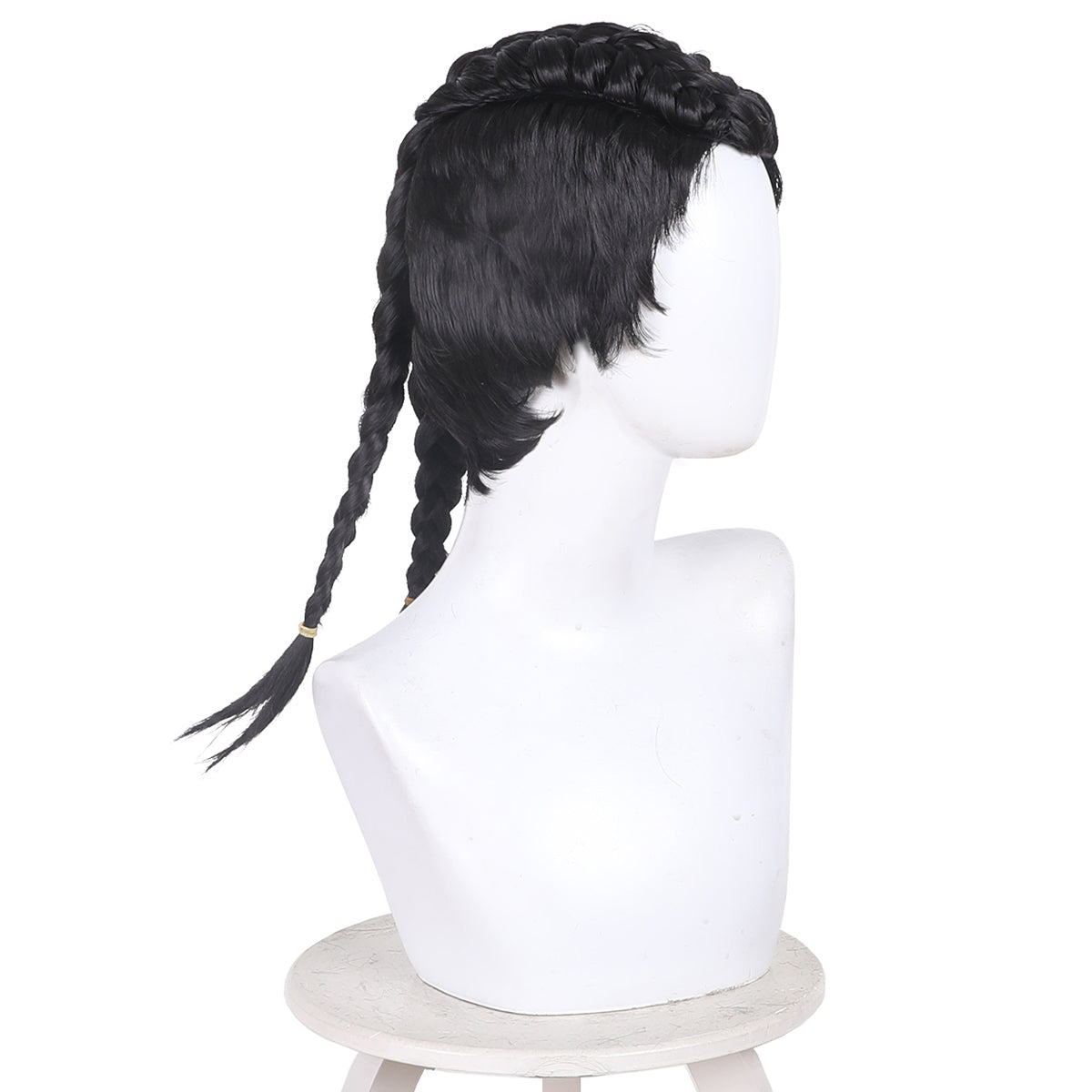 Side view of the Prowler Miles Morales black wig showing two long rear braids with gold-colored ties