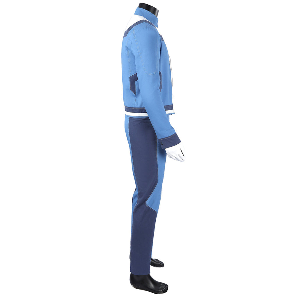 Side view of the Human Torch costume showing the jacket sleeve seams and contrasting dark blue trouser panels