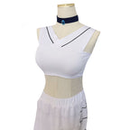 Katara white costume neckline detail with crossed bands, thin dark trim and a blue pendant choker
